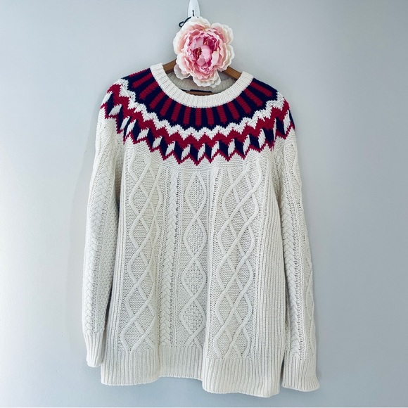 J. Crew Fair Isle Sweater Merino Wool Blend Fisherman Sweater Ivory Red Large L - Picture 2 of 9
